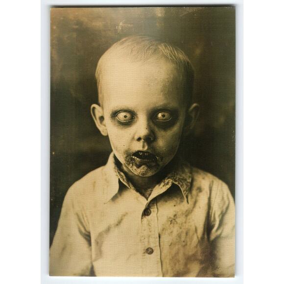 Vintage Halloween Horror Postcard Creepy Zombie Boy Image 5.5x4" - Picture 1 of 2